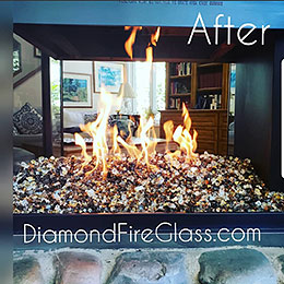 Gold Mine Premixed fireplace glass installed in an indoor fireplace by Diamond Fire Glass 